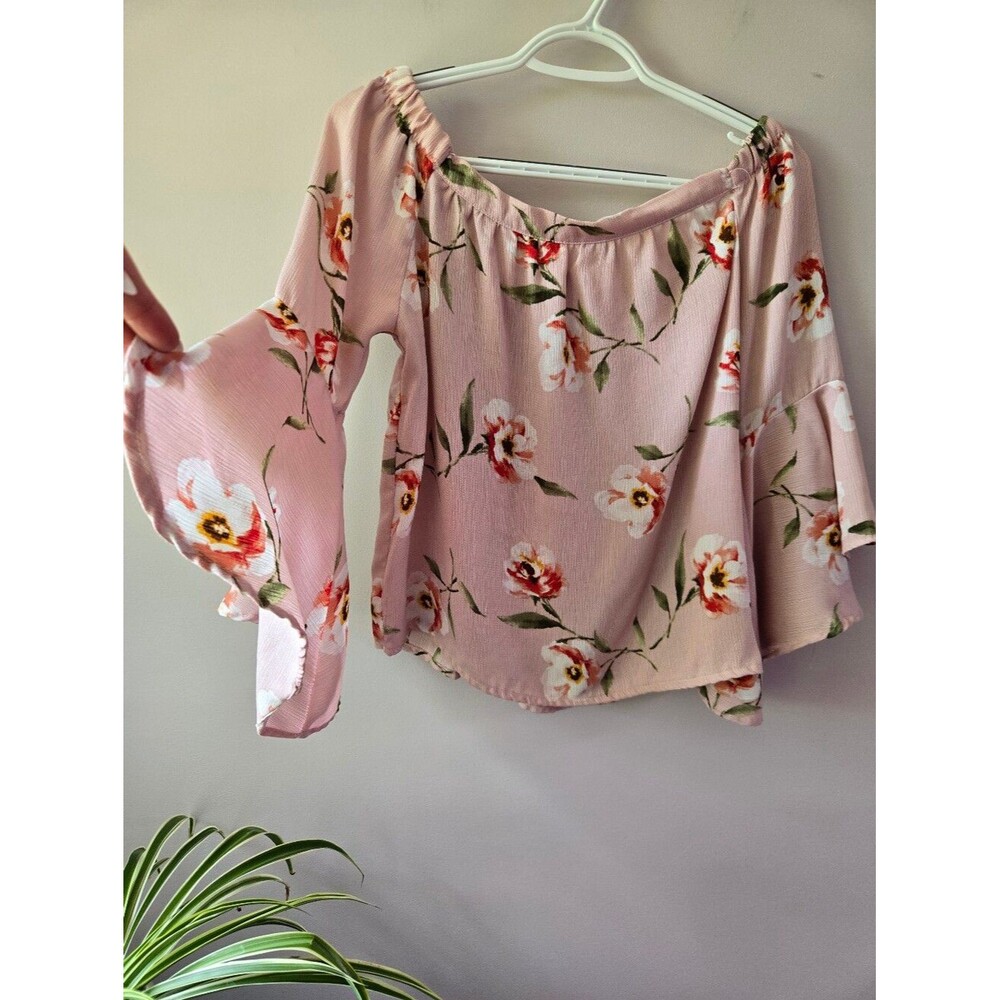 Haute Monde Floral Off The Shoulder Top Bell Sleeve Boho Pink Medium